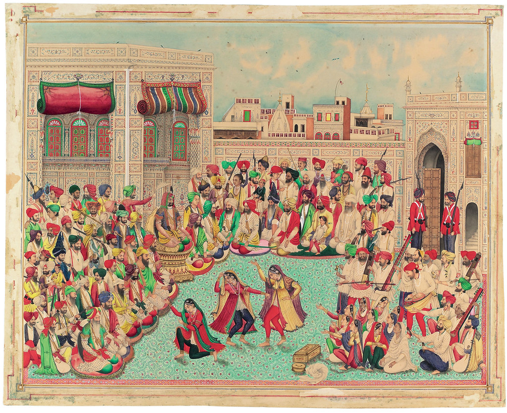 A detailed miniature painting in Lahore depicting a royal court gathering with musicians, dancers, and courtiers.
