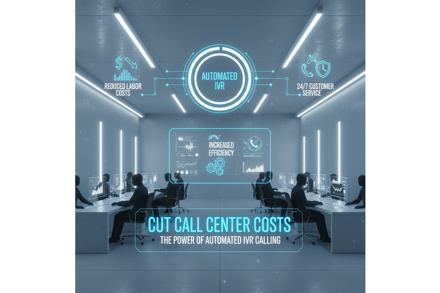 Futuristic call center showcasing an automated IVR solution with cost-saving benefits.
