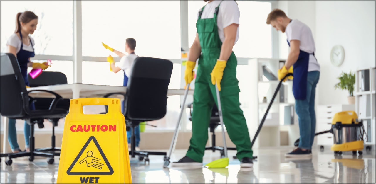 Professional team providing office clean out services Kent WA with cleaning equipment, vacuum, and safety sign in a modern workplace.