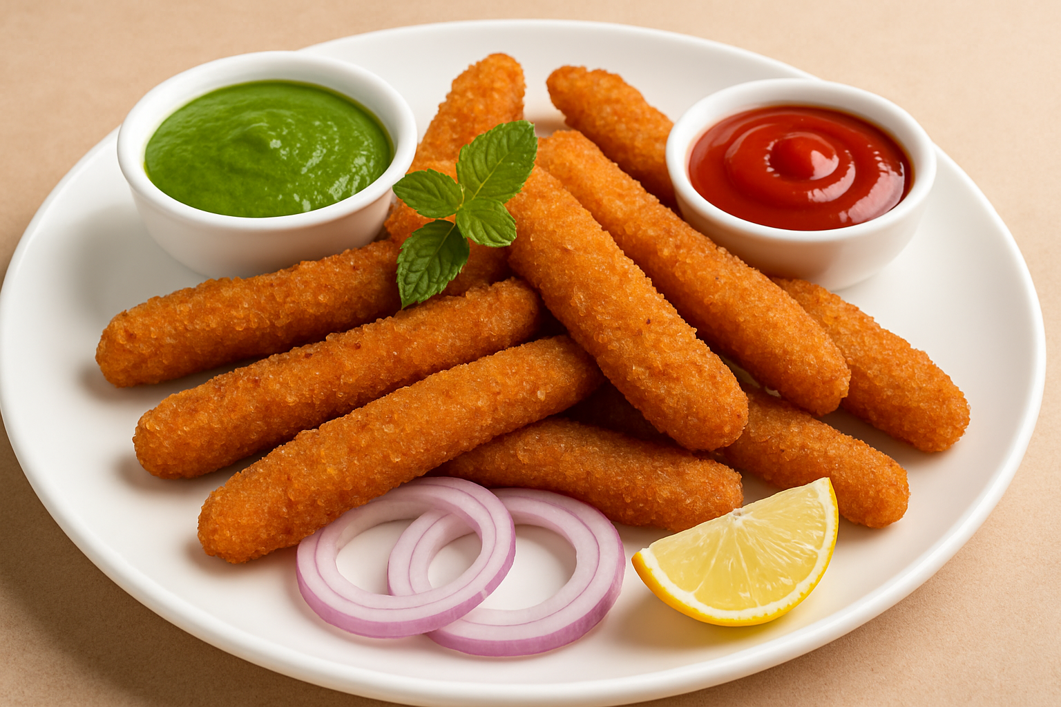 Crispy golden finger fish served with mint chutney, ketchup, onion rings, and lemon slice on a white plate.