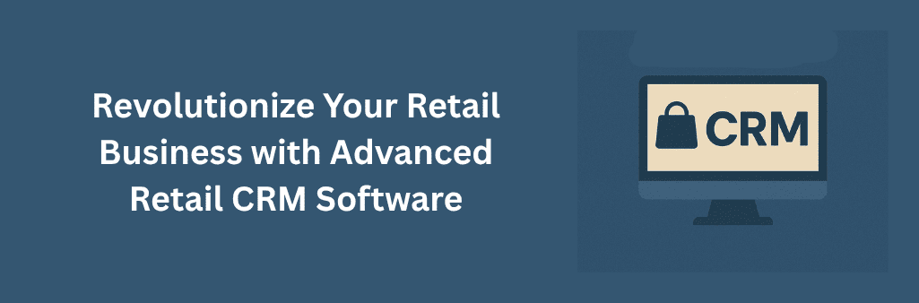 Computer monitor displaying "CRM" with a shopping bag icon on a blue background with bold promotional text.