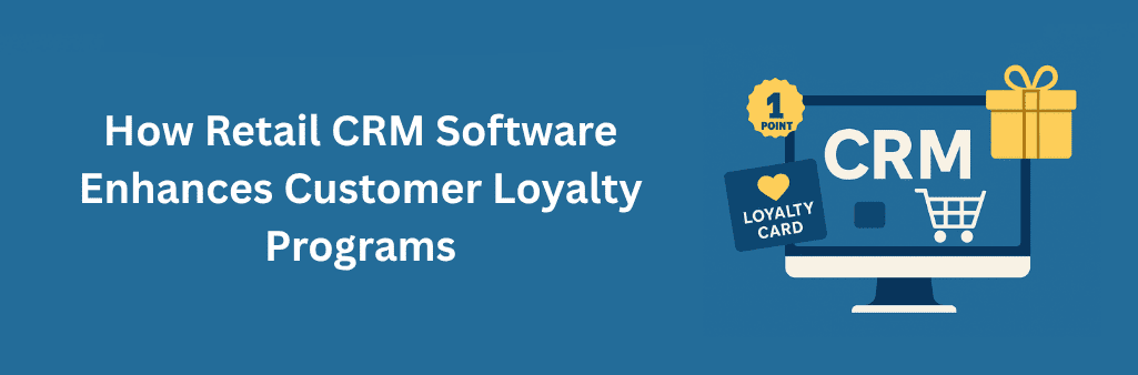 Computer screen showing "CRM" with shopping cart icon, surrounded by loyalty card, gift box, and point badge icons on a blue background.