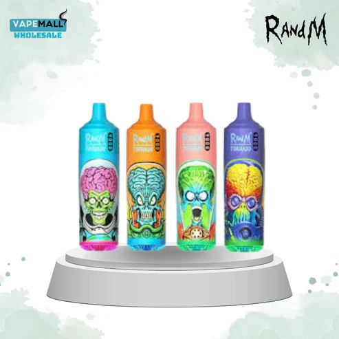 R and M 9000 puffs box of 10 disposable vapes displayed neatly with colourful packaging and sleek design
